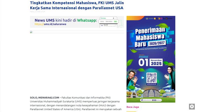 Tingkatkan Kompetensi Mahasiswa, FKI UMS Jalin Kerja Sama Internasional dengan Parallaxnet USA